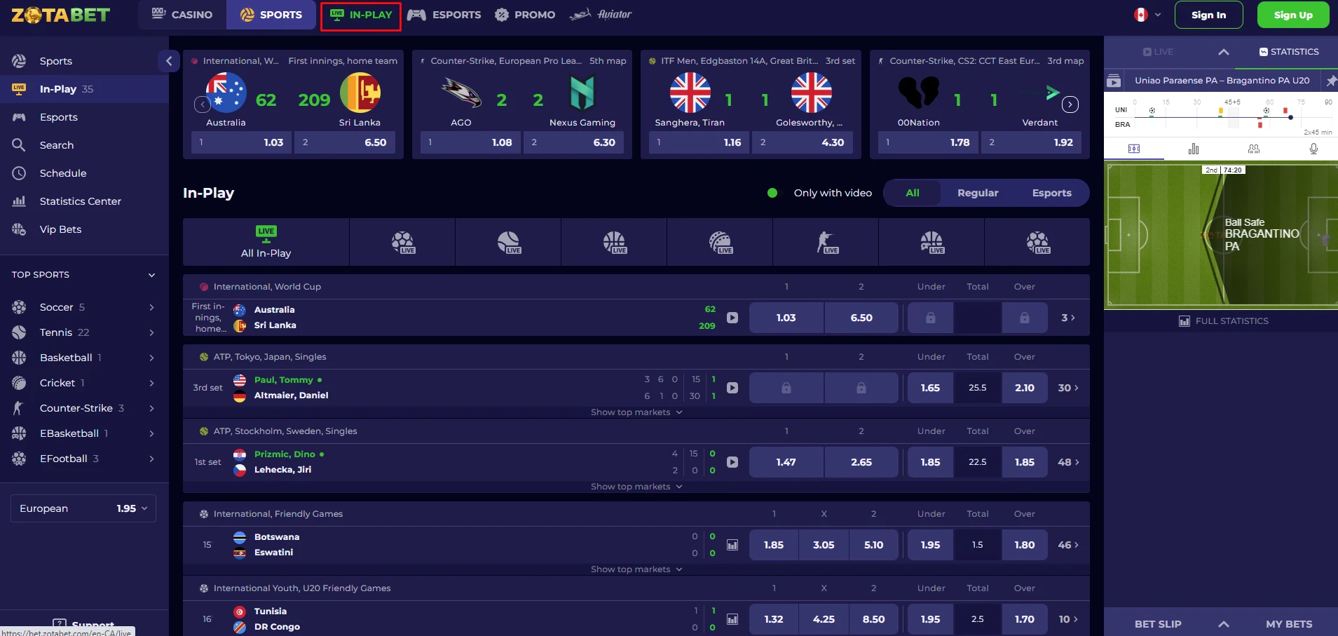 ZotaBet in-play