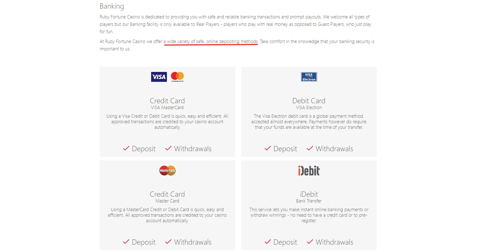Ruby Fortune Payment Methods