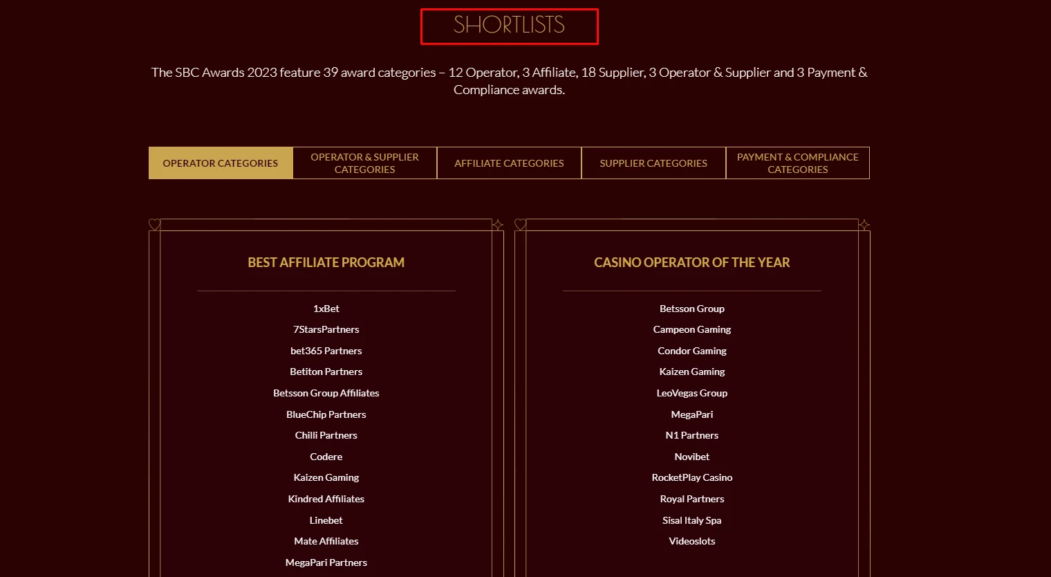 SBC Awards shortlists
