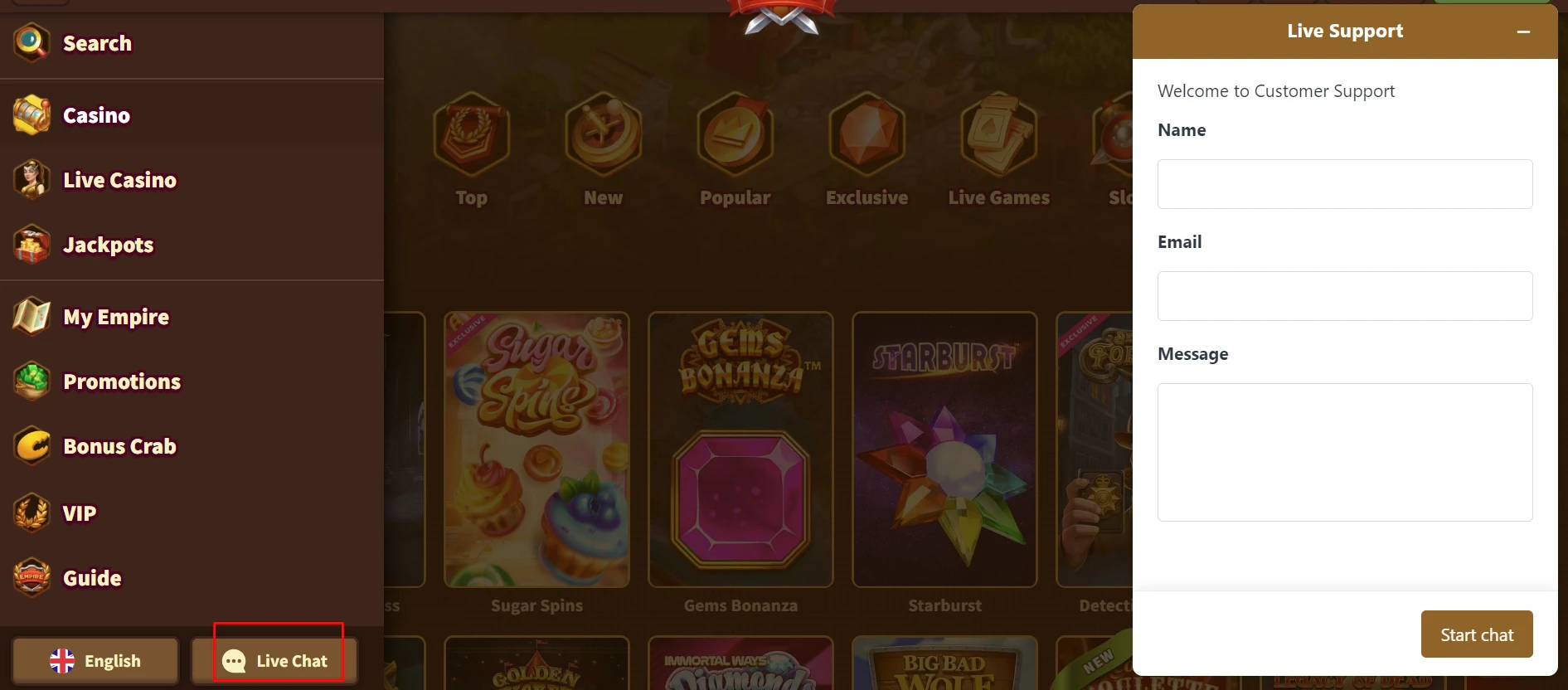MyEmpire Casino Live Chat