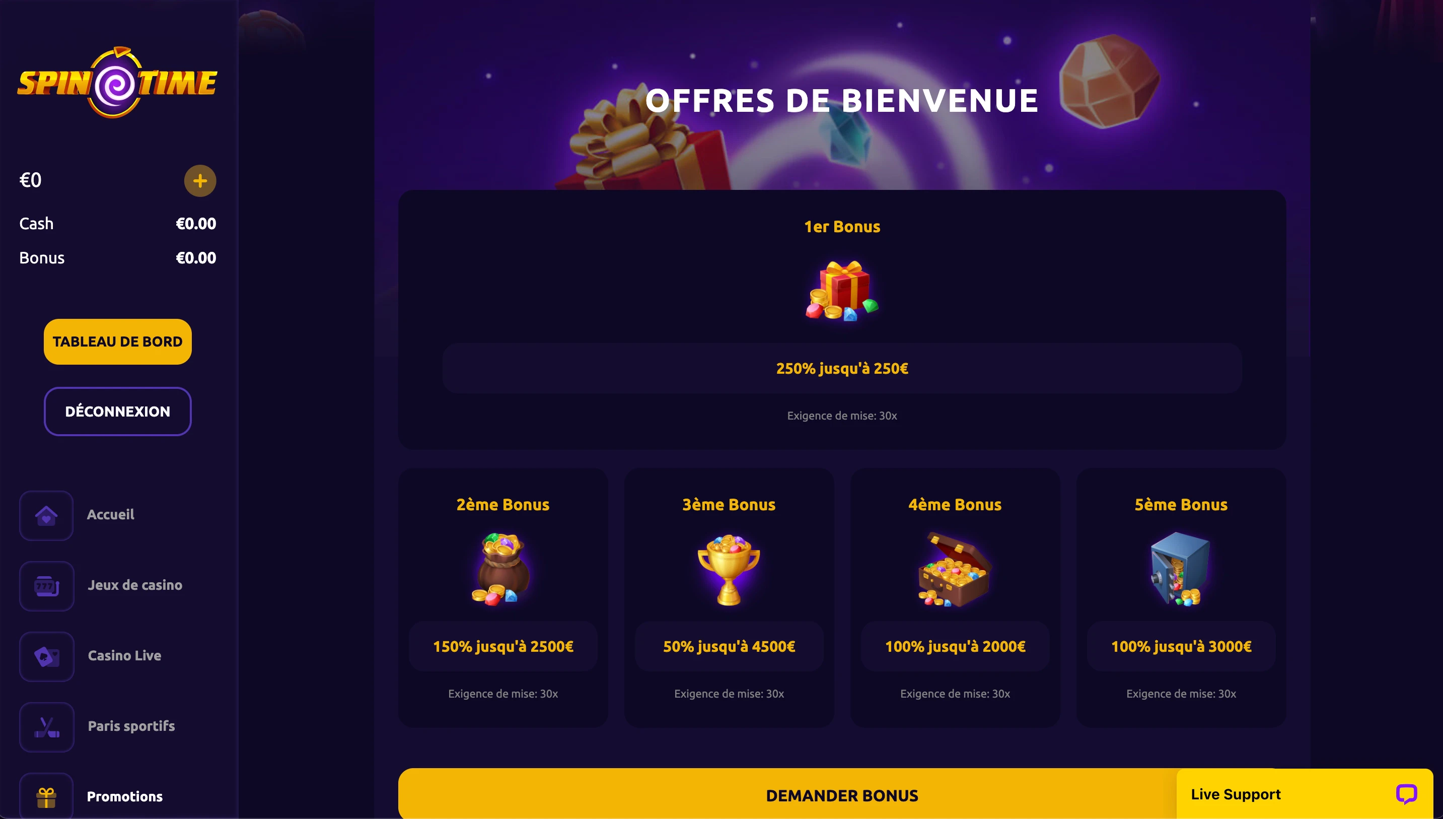 bonus de bienvenue spintime