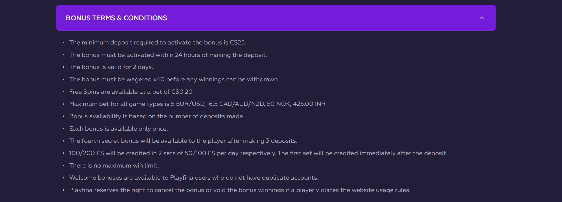 Playfina bonus terms and conditions