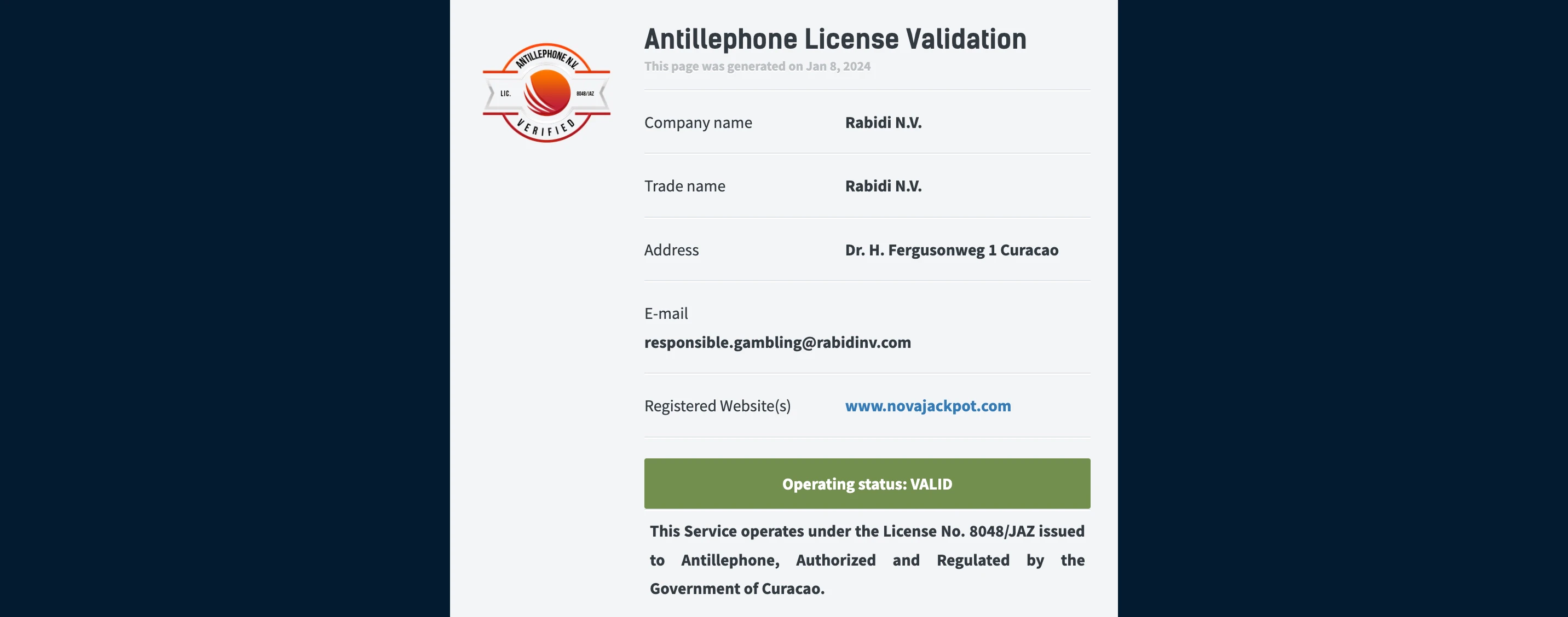 licence novajackpot