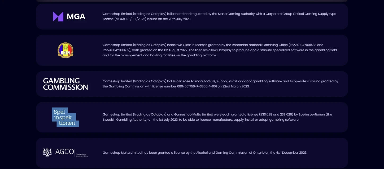 Octoplay gaming licences