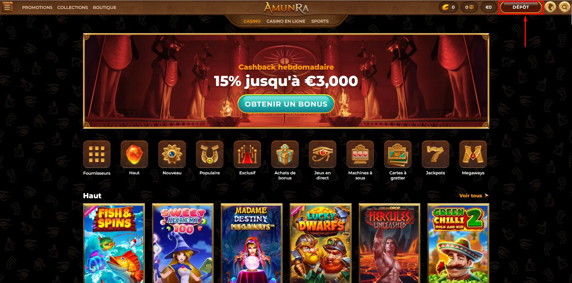 Dépot sur AmunRa casino