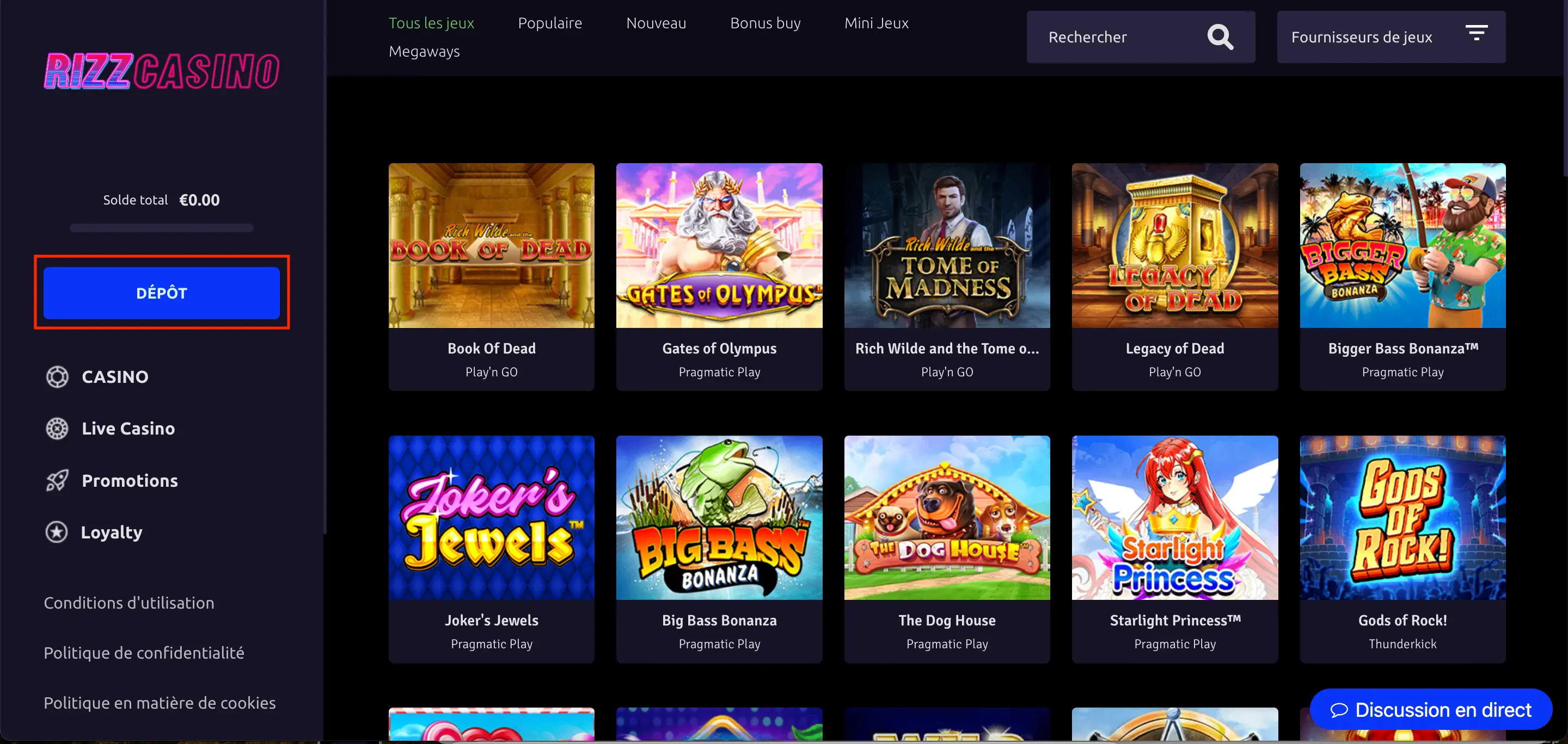 rizz casino dépôt