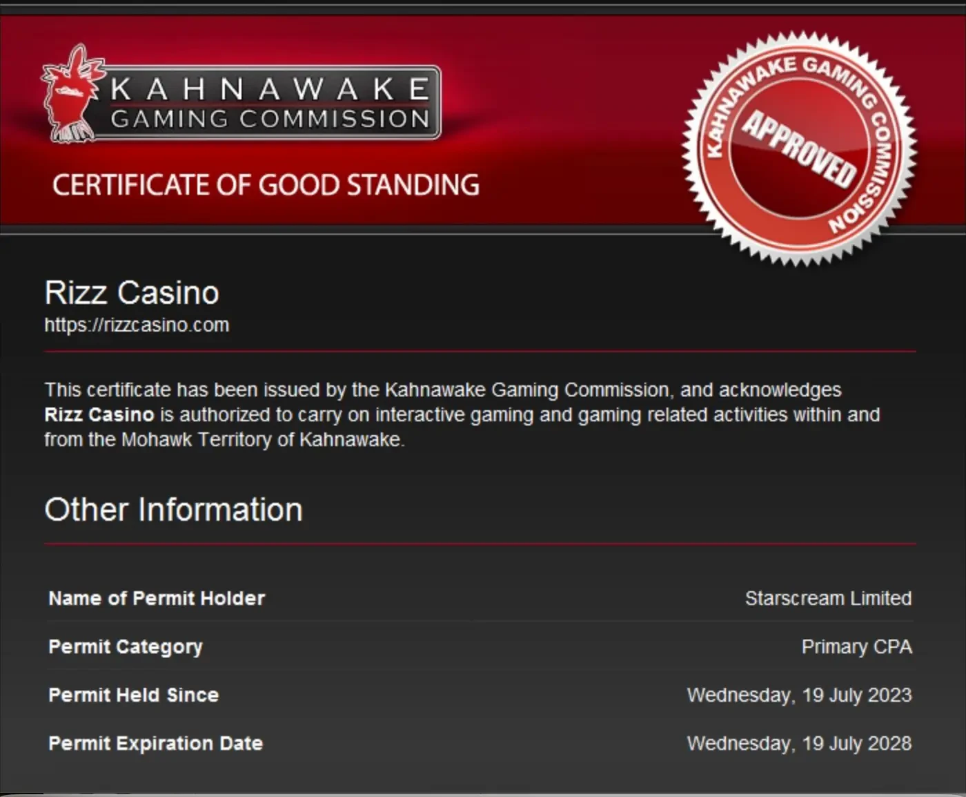 rizz casino licence