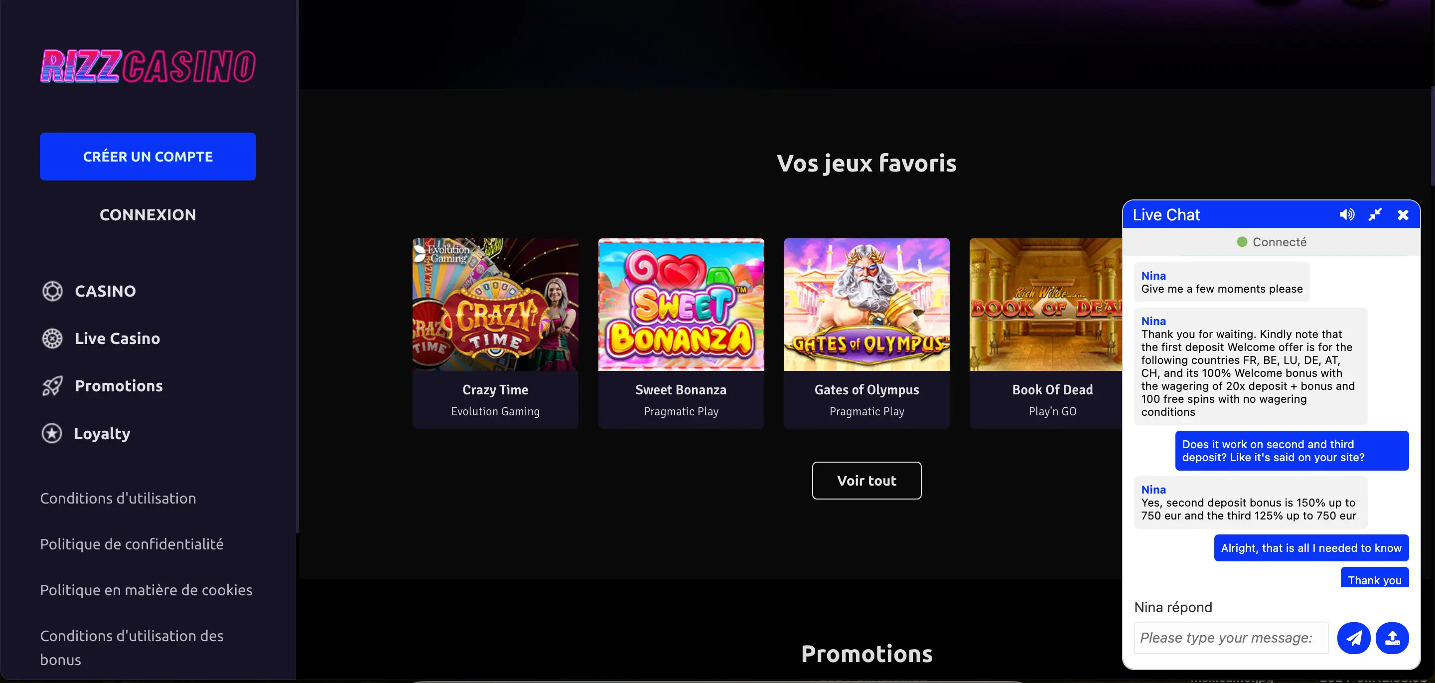 rizz casino live chat