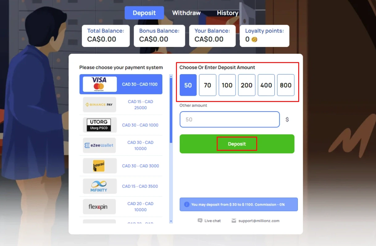 Millionz Mastercard deposit