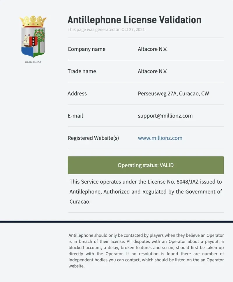 Millionz Gaming License