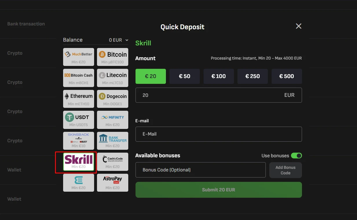 Cloverspin Skrill deposit