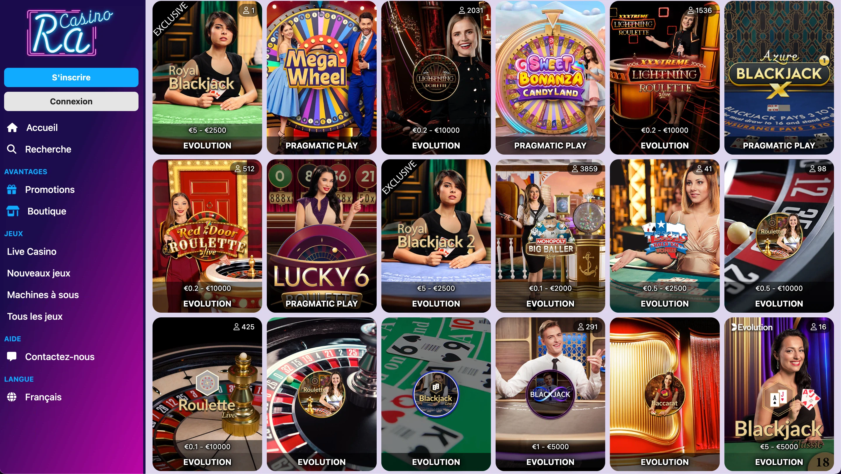 jeux en direct ra casino