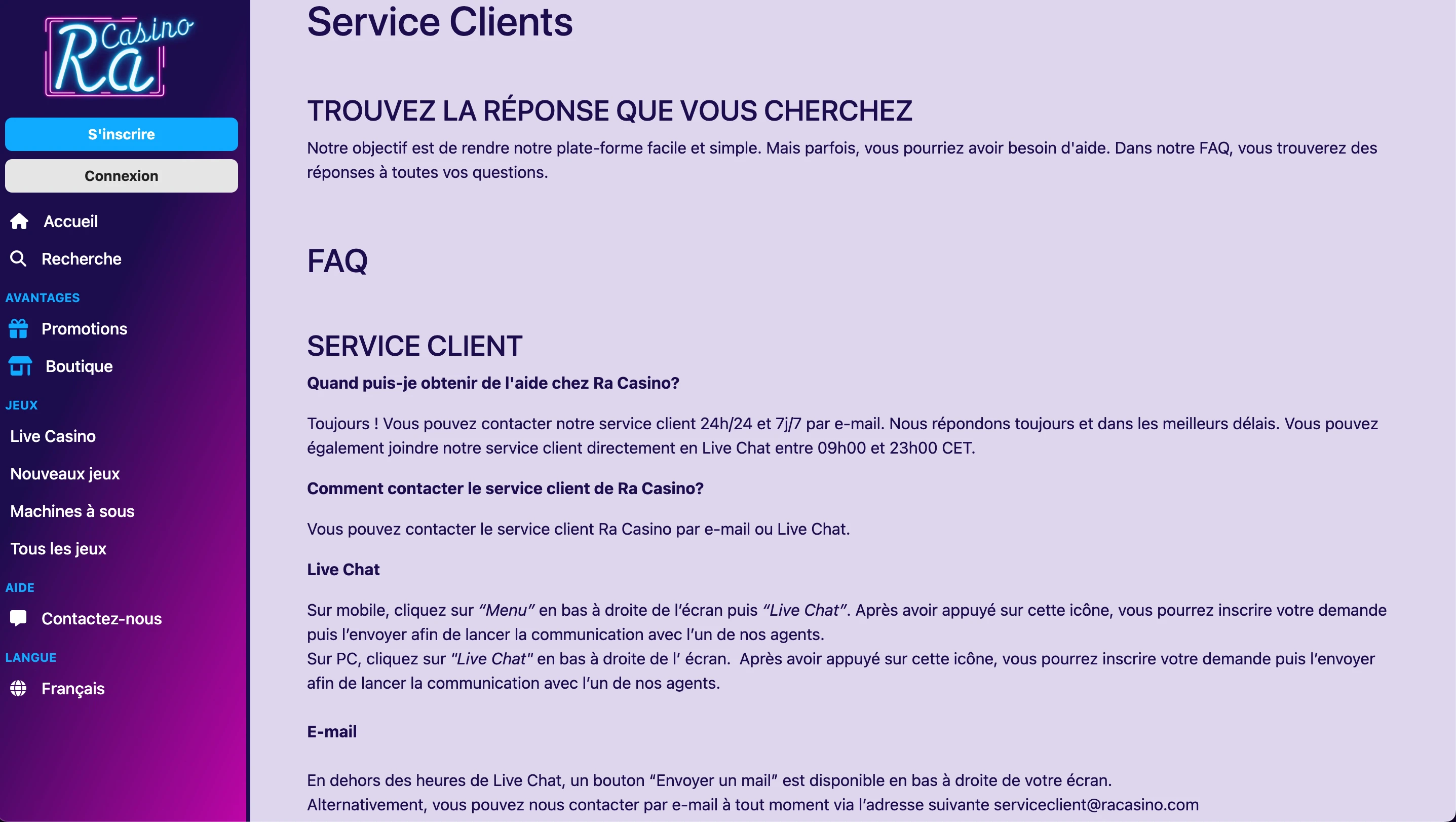 service client ra casino