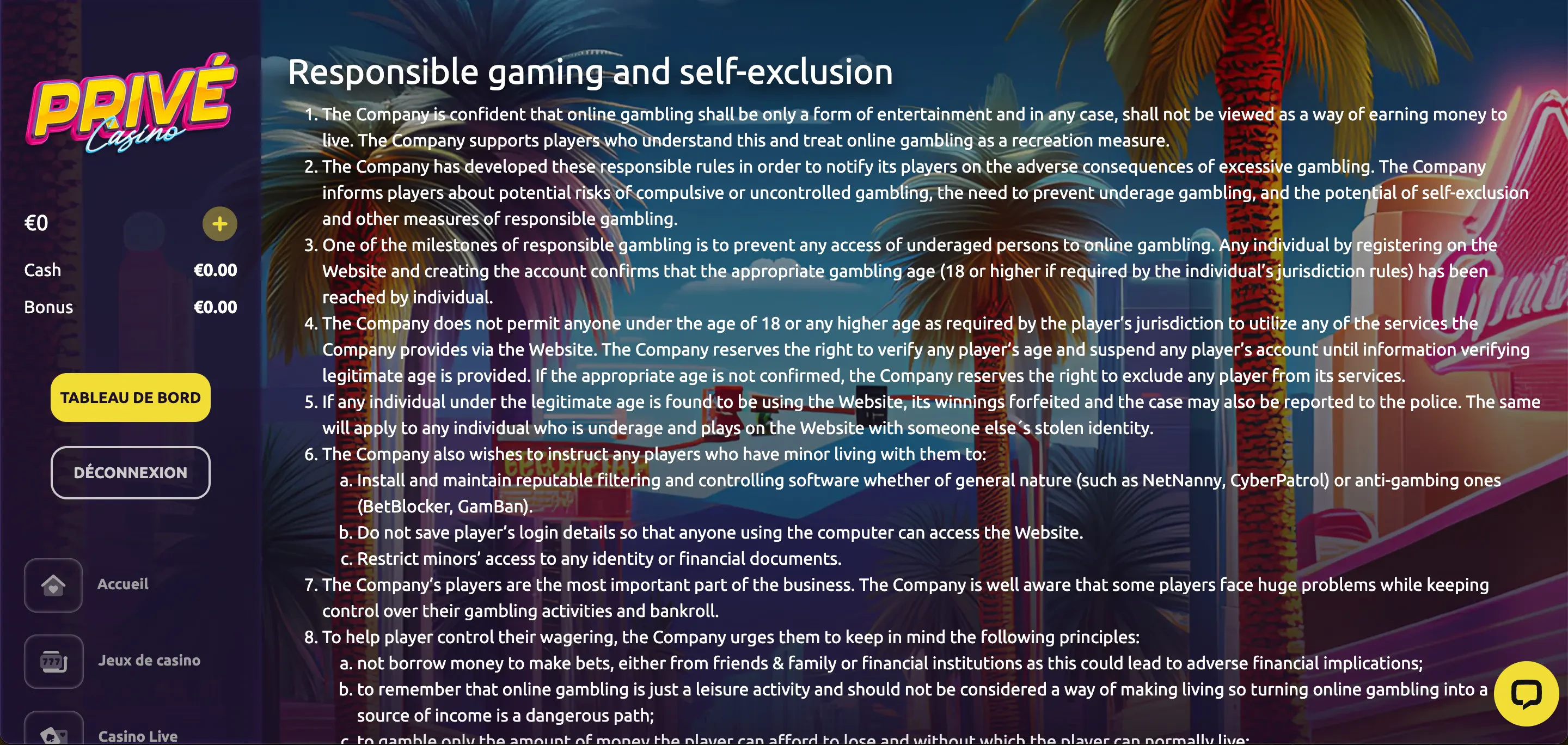 privécasino jeu responsable