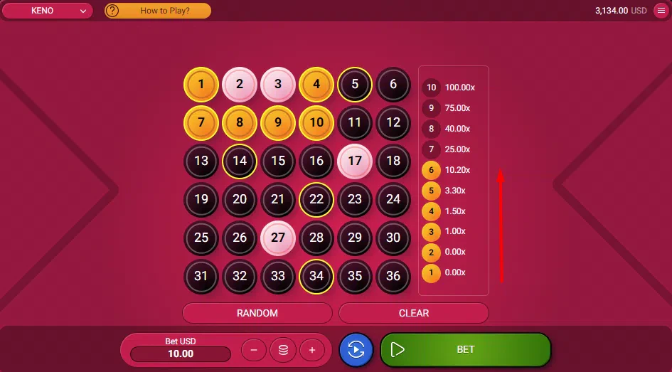 Utiliser un multiplicateur sur Keno de Spribe