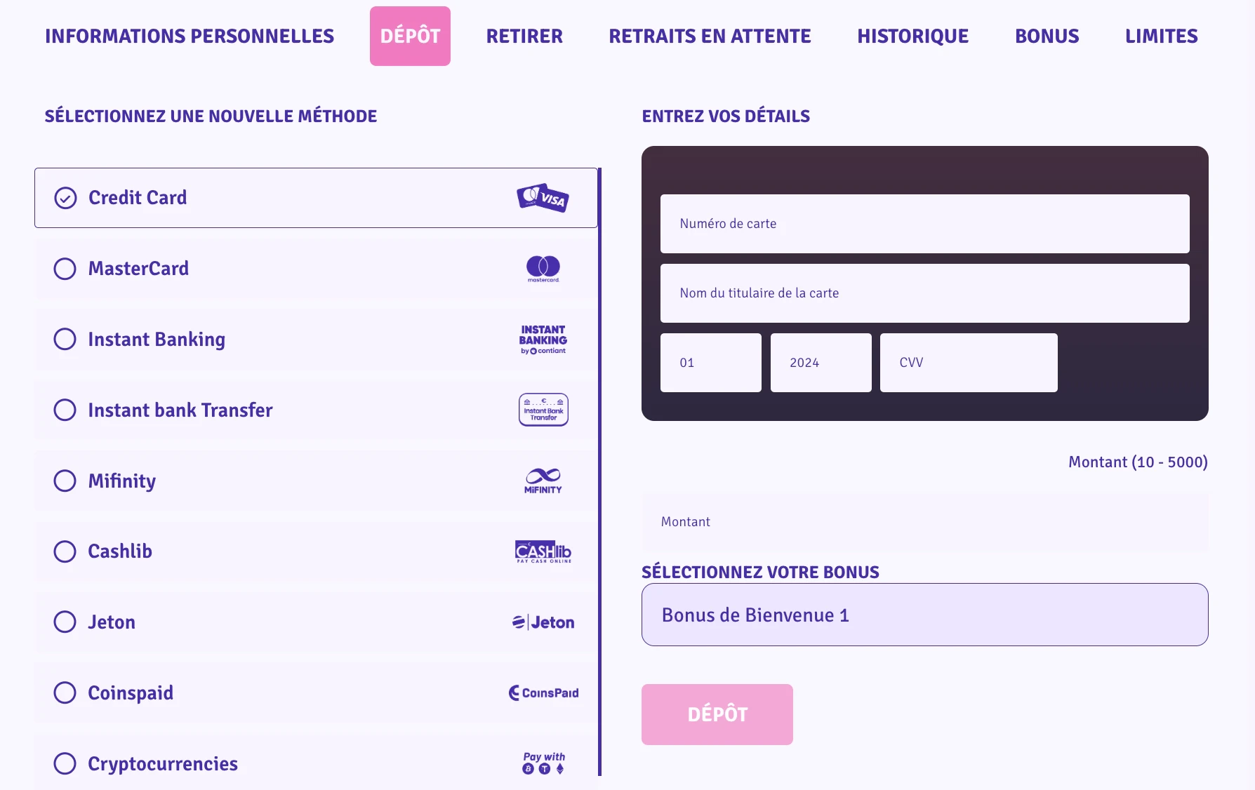 méthodes de dépôt sugar casino