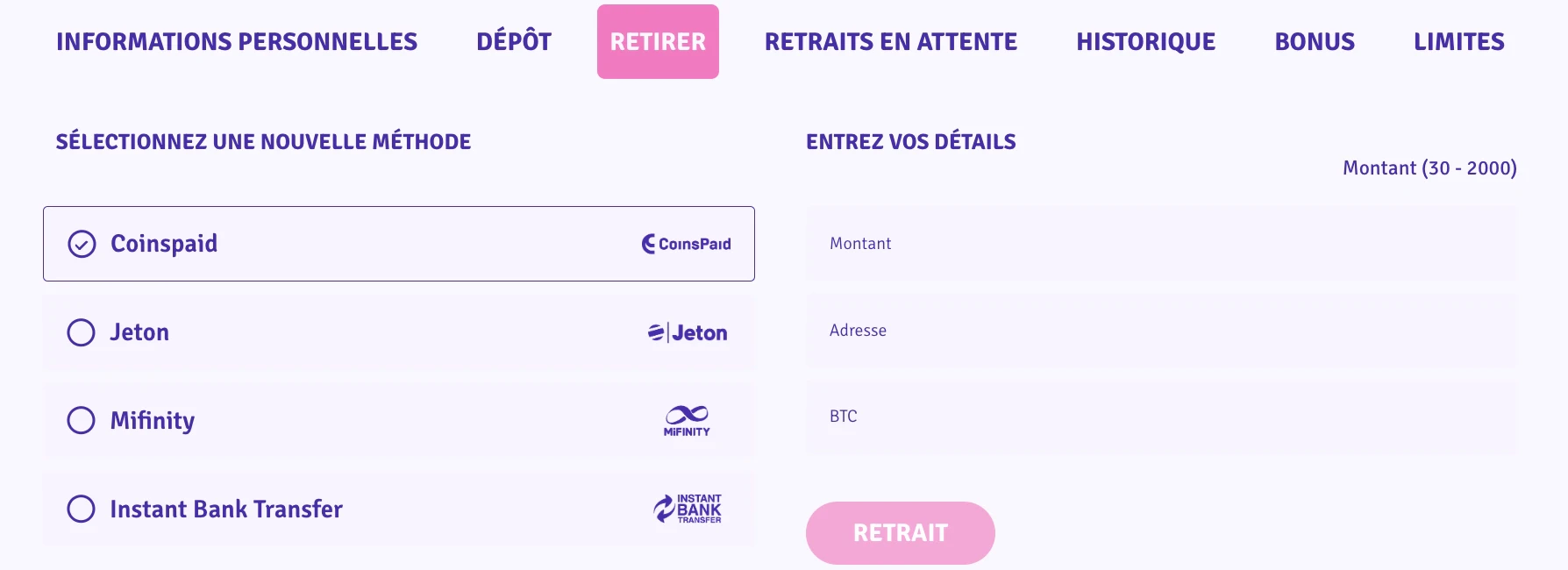 méthodes de retrait sugar casino