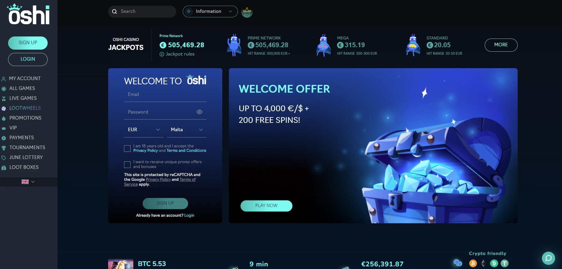 Oshi Casino home page