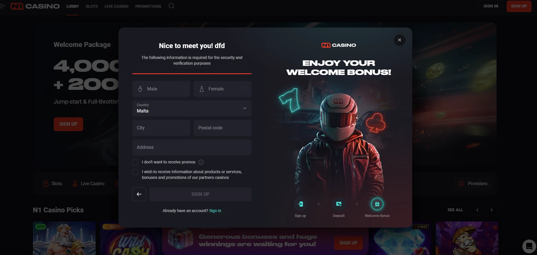 N1 Casino Account Registration