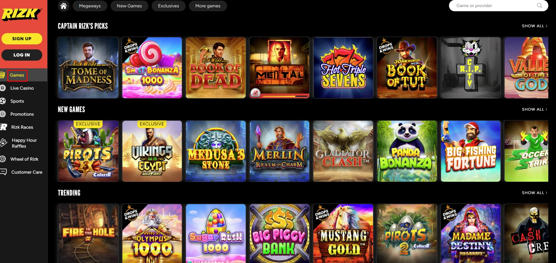 Rizk Casino Game Selection