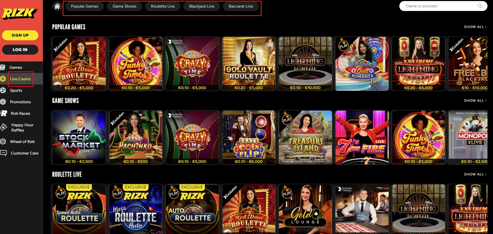 Rizk Casino Live Casino Games