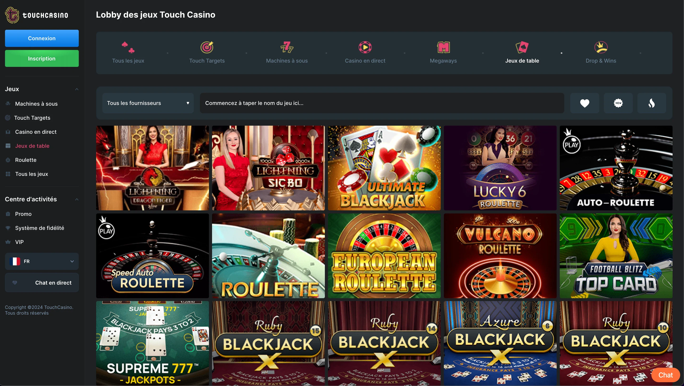 jeux de table touch casino