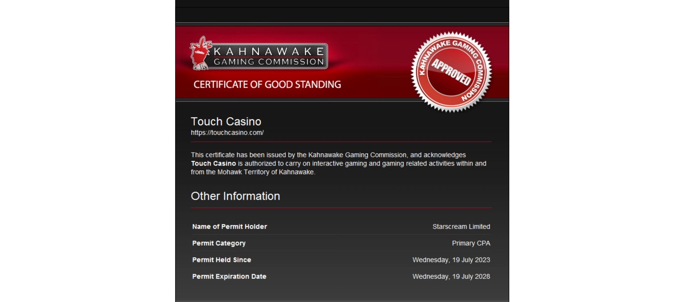 licence de jeu touch casino