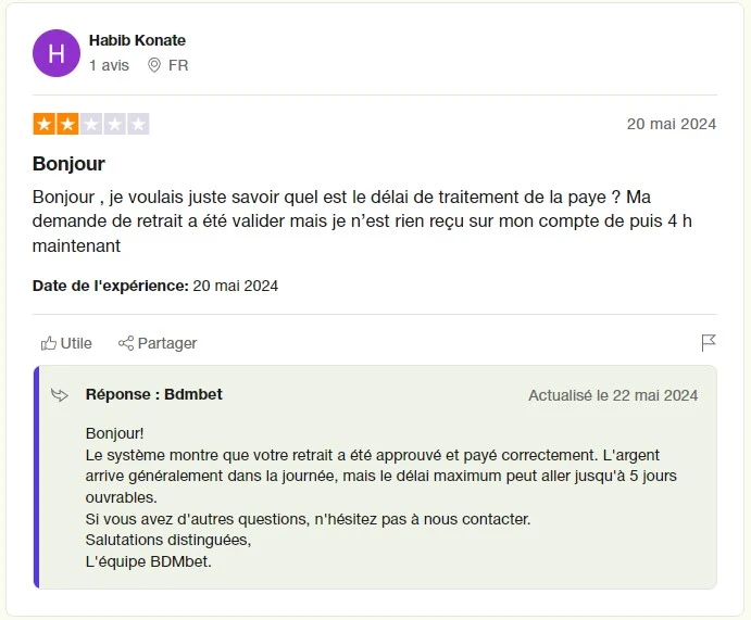 avis negatif trustpilot bdmbet