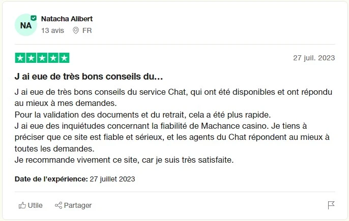 avis positif 1 trustpilot machance casino