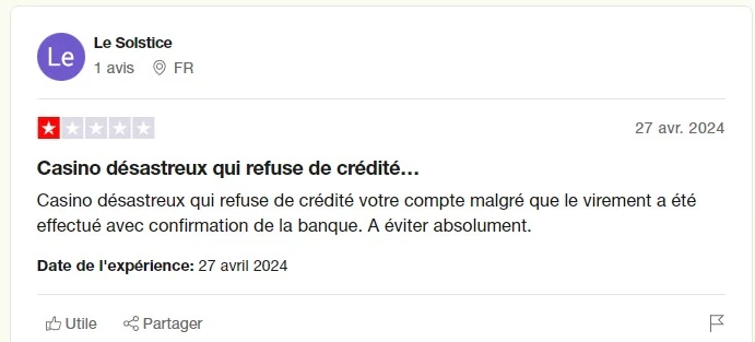 avis negatif trustpilot azur casino