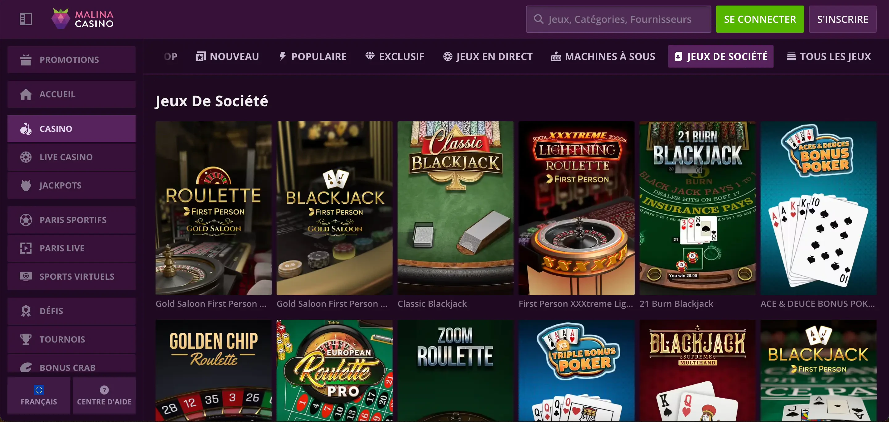 jeux de tables malina casino