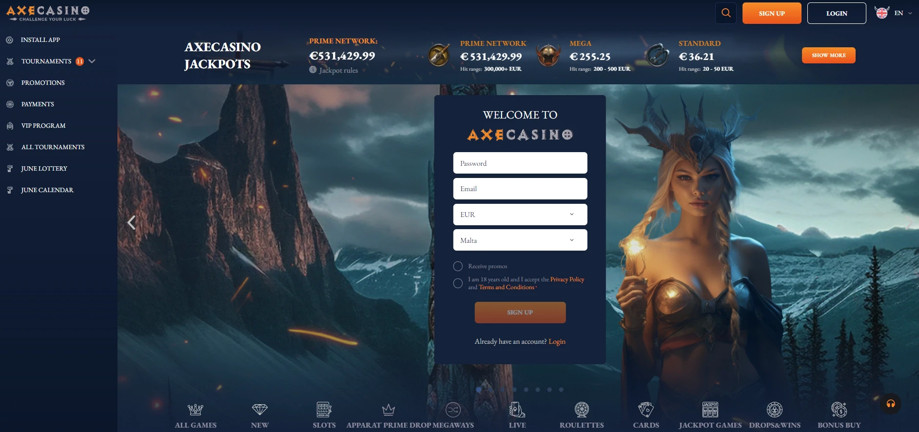 Axe Casino Home Page