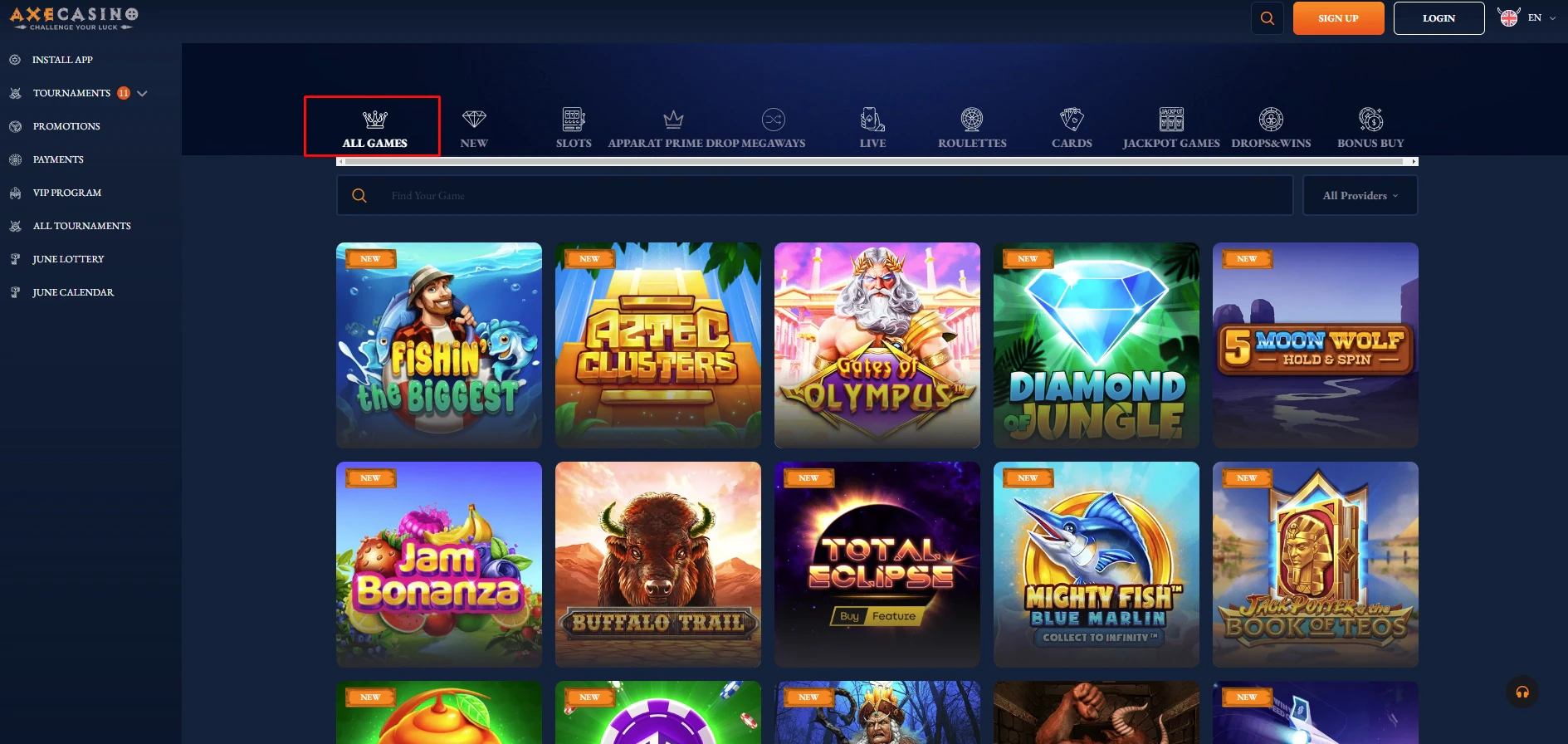 Axe Casino Game Selection