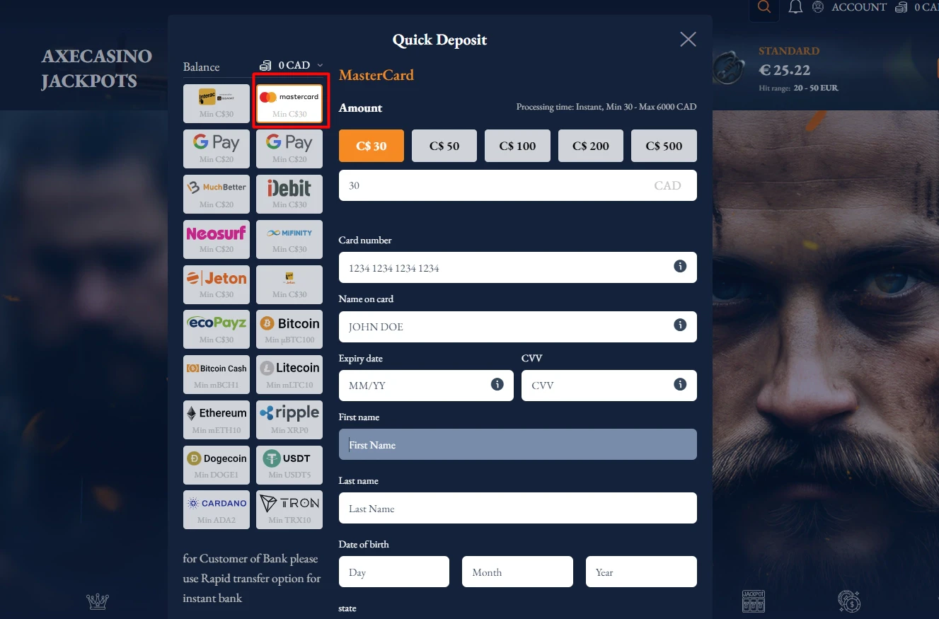 Axe Casino Deposit