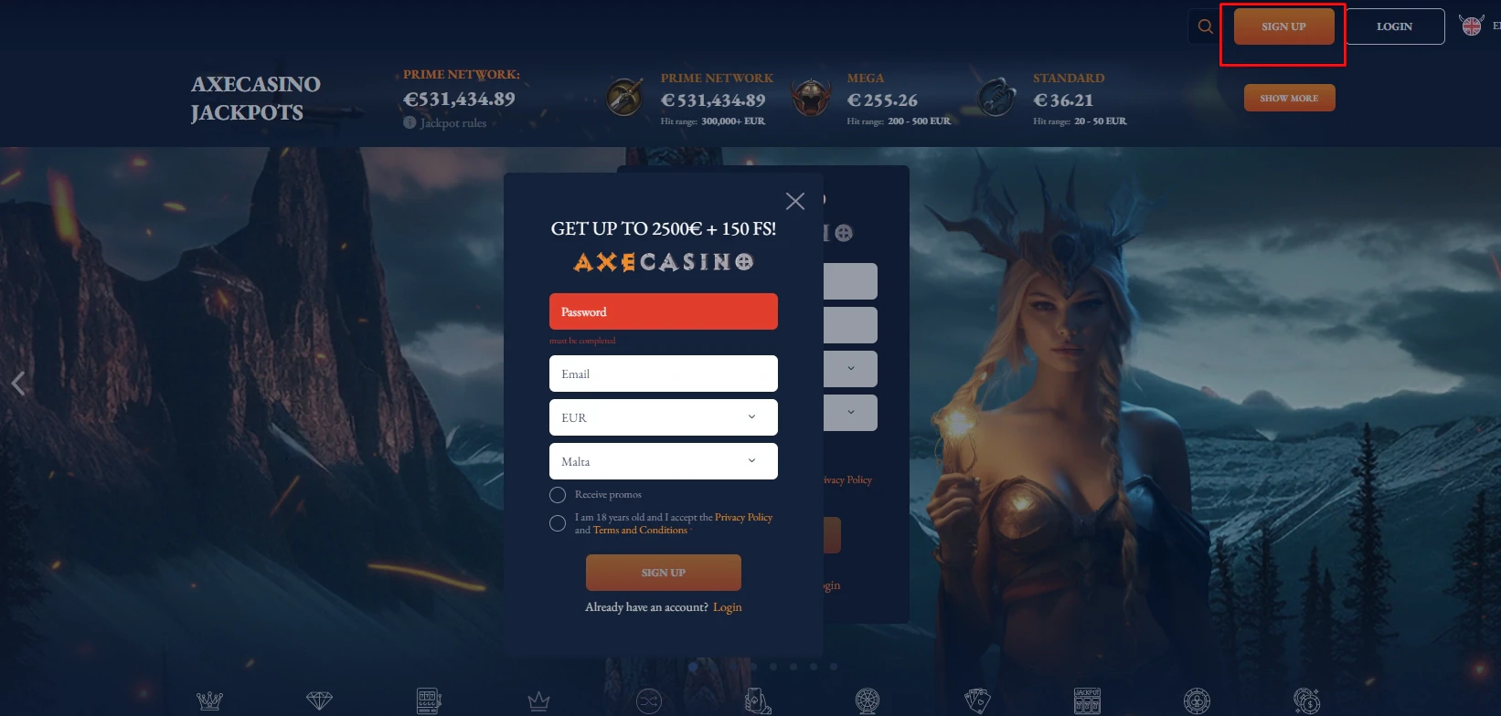 Axe Casino account creation