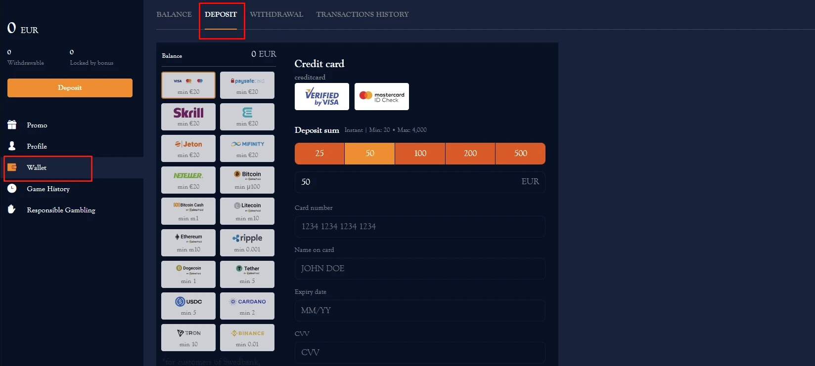 Axe Casino deposit