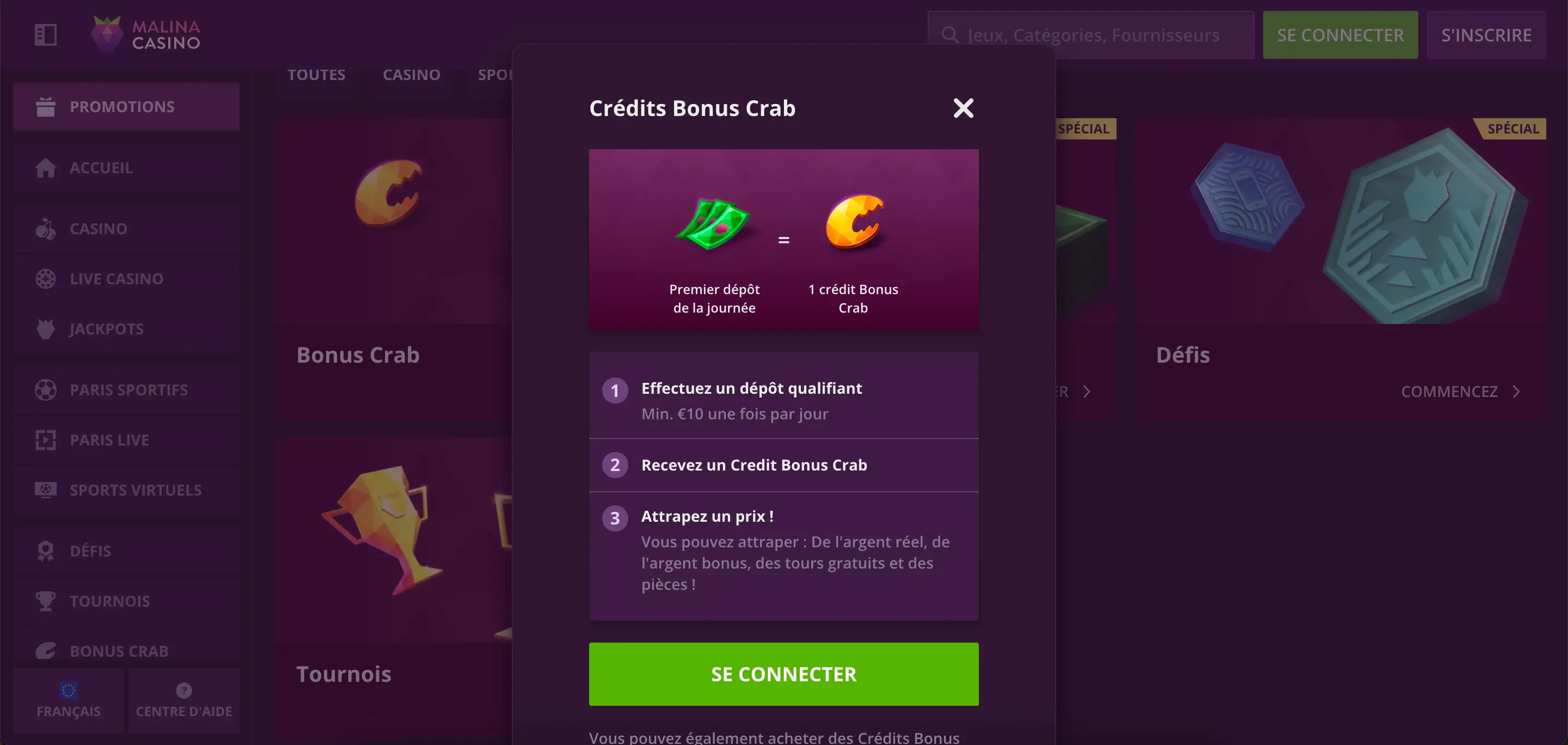bonus crab malina casino