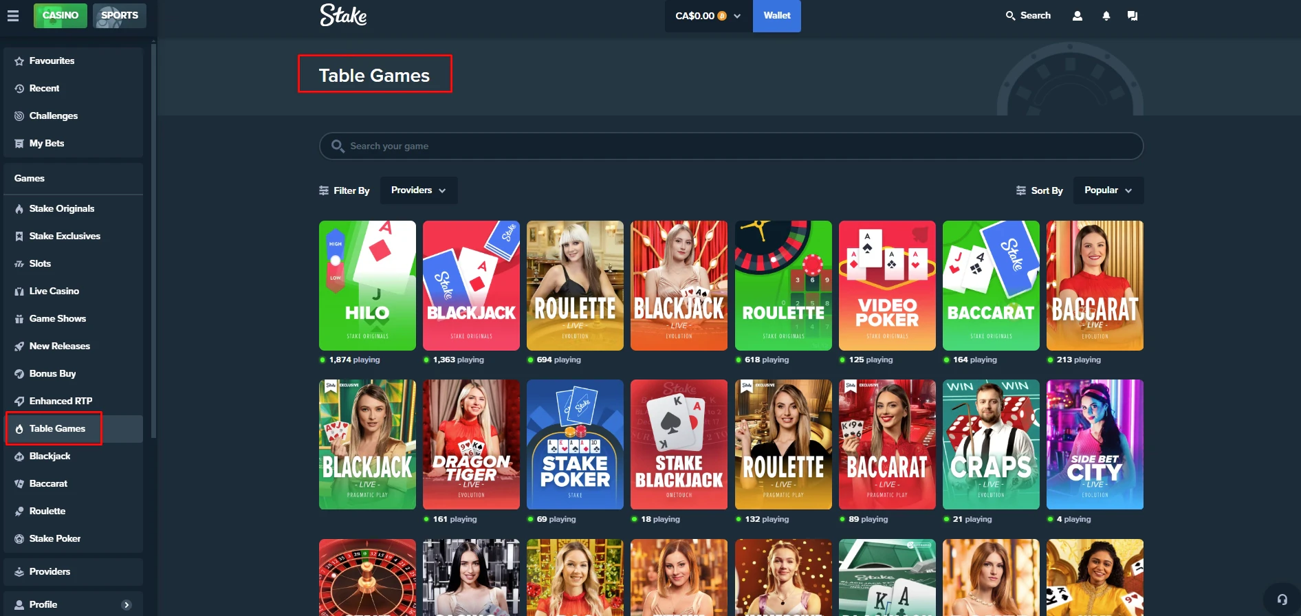 Stake Casino Table Games