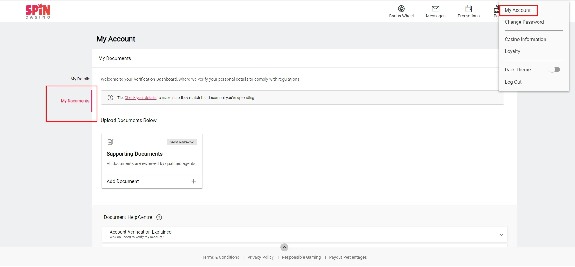 Spin Casino Upload Documents