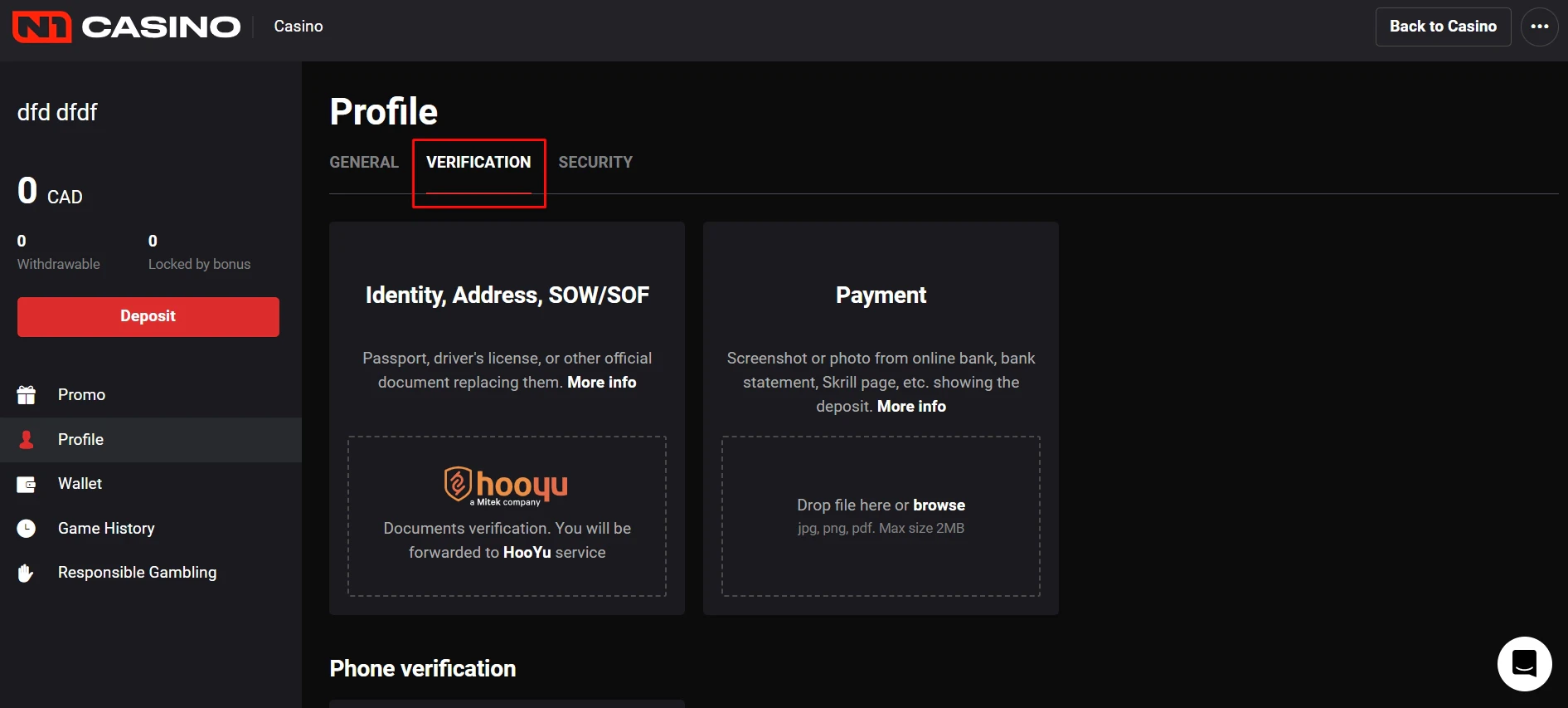 N1 Casino Verification of Documents
