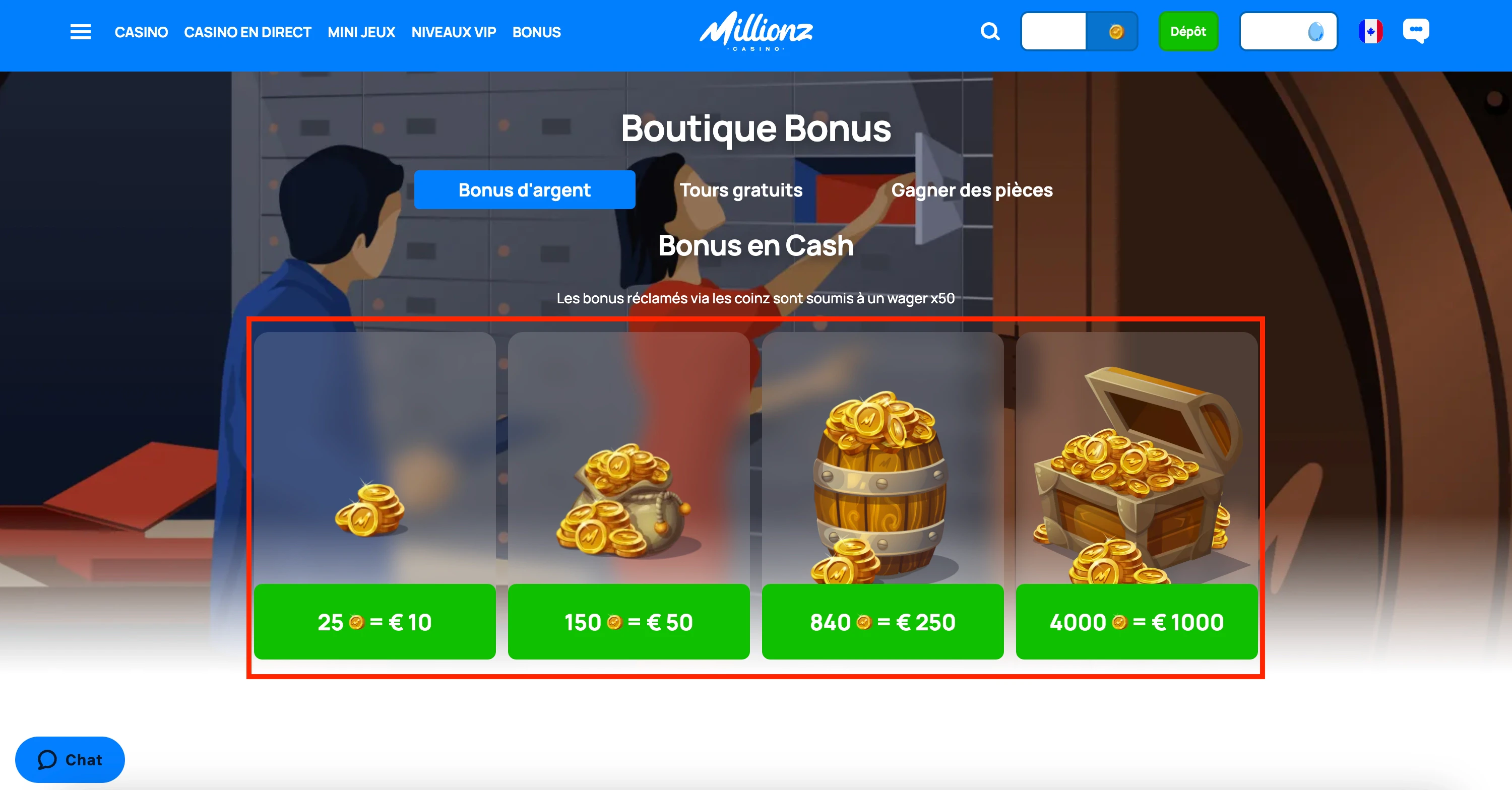 Choix argent sur Millionz