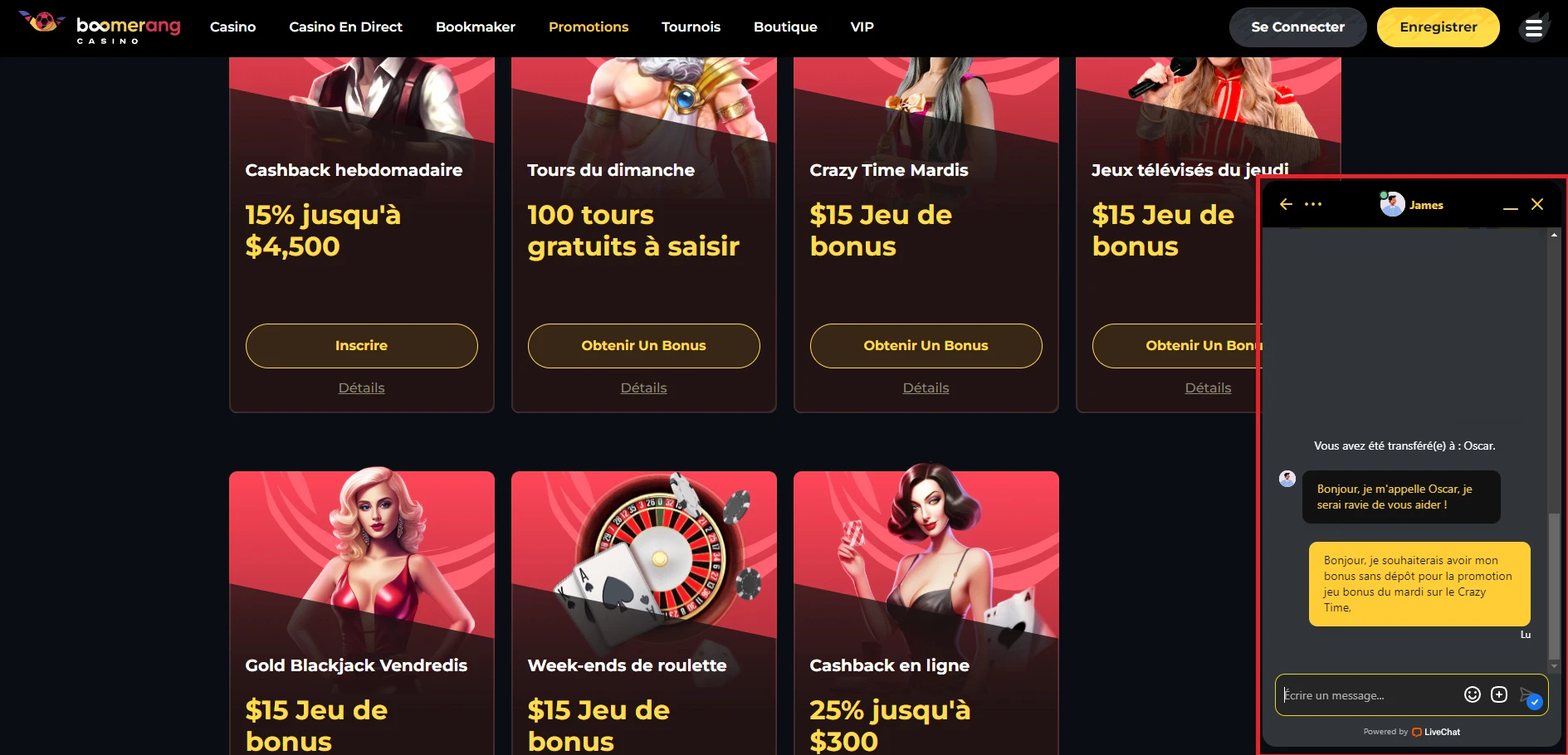 Demander voucher support client Boomerang casino