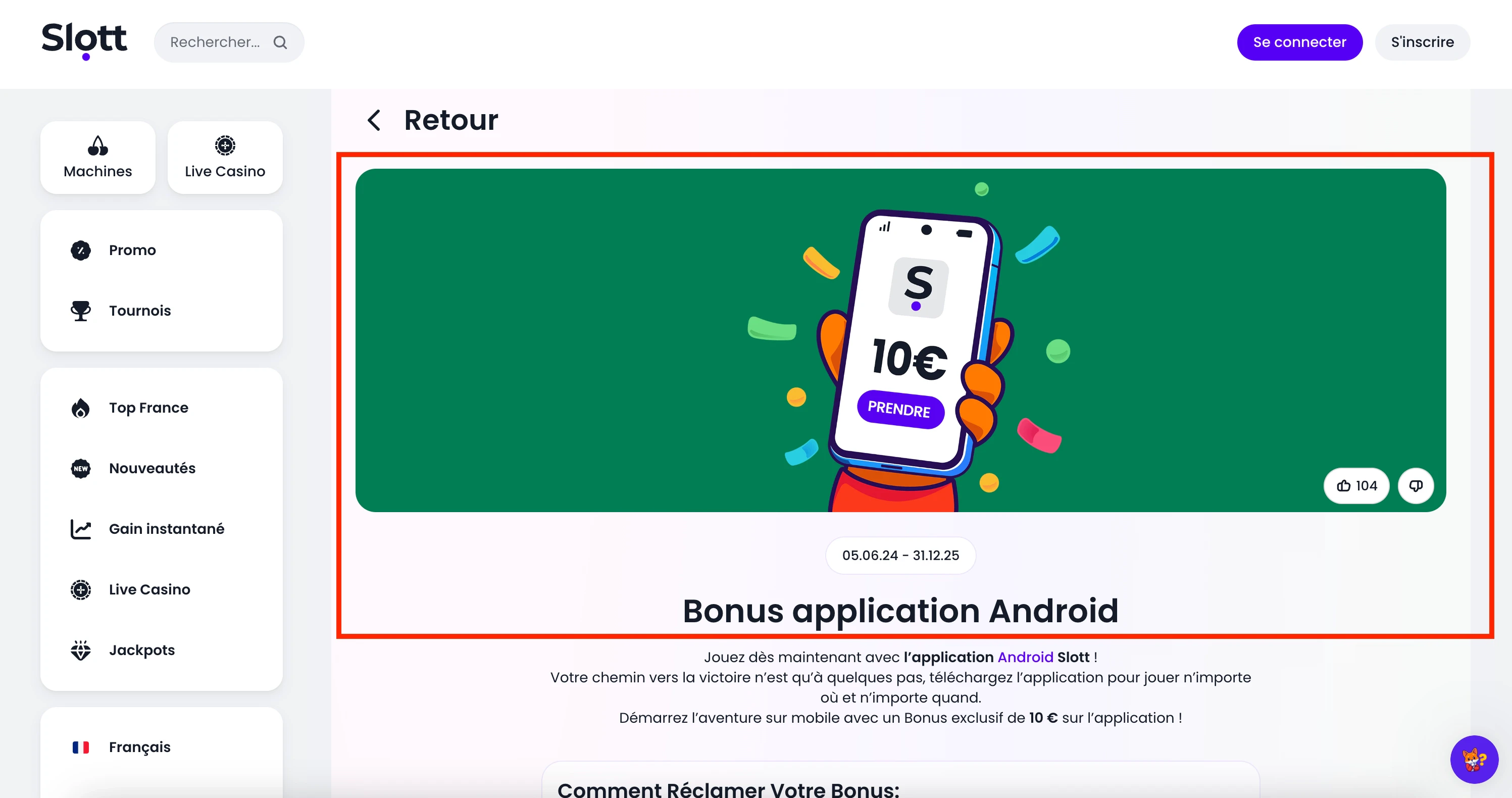 Téléchargement d'une application Slott casino
