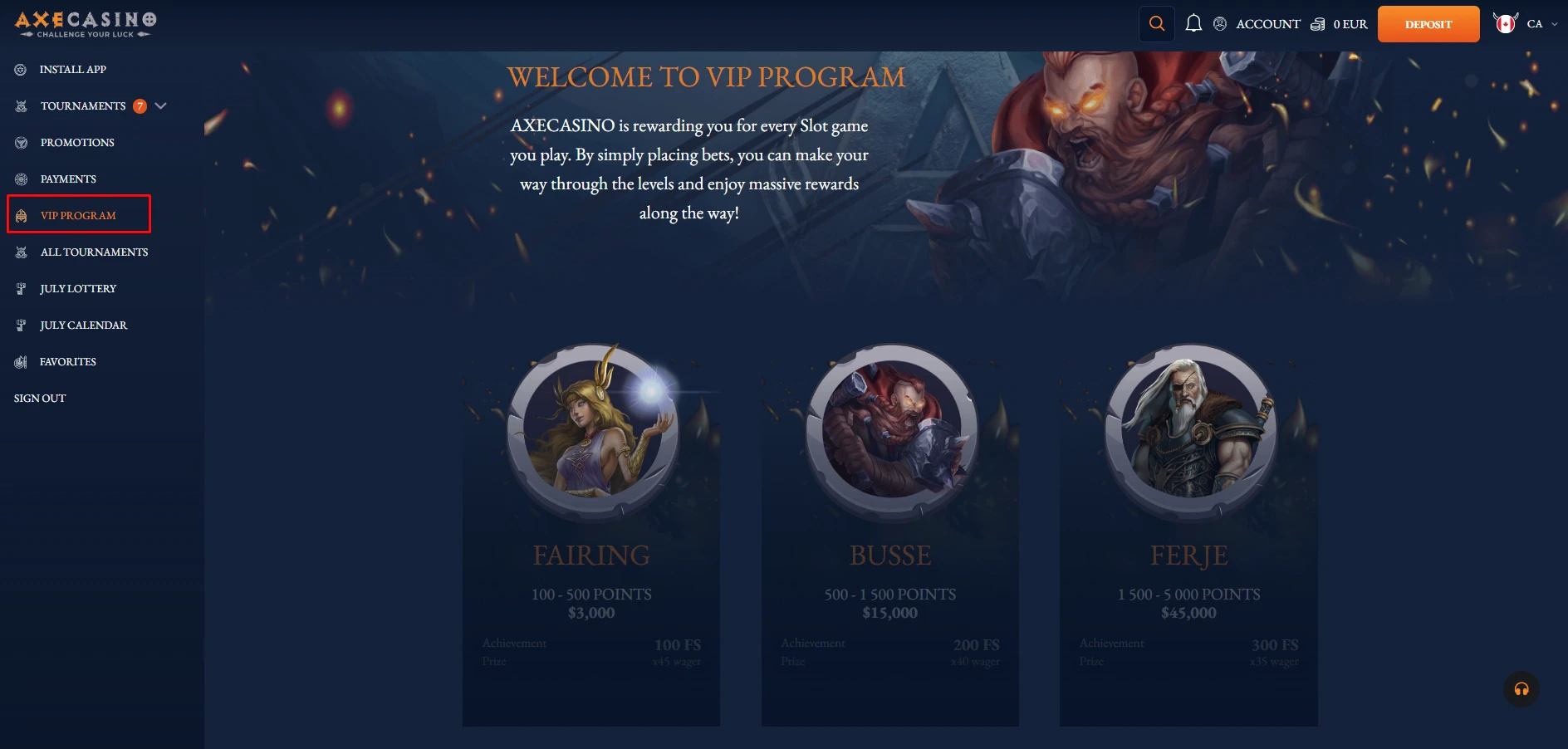 Axe Casino VIP Program