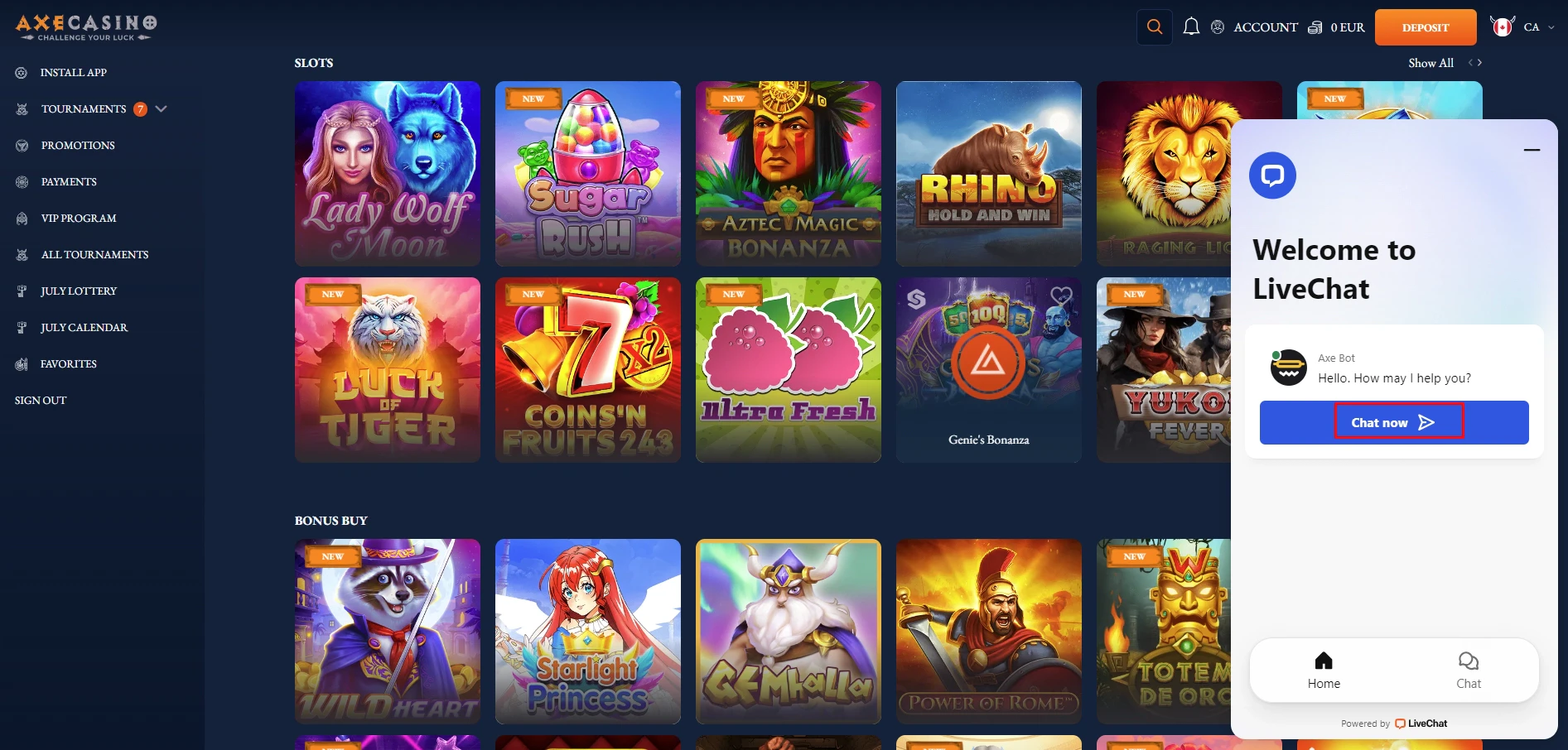 Axe Casino Live Chat
