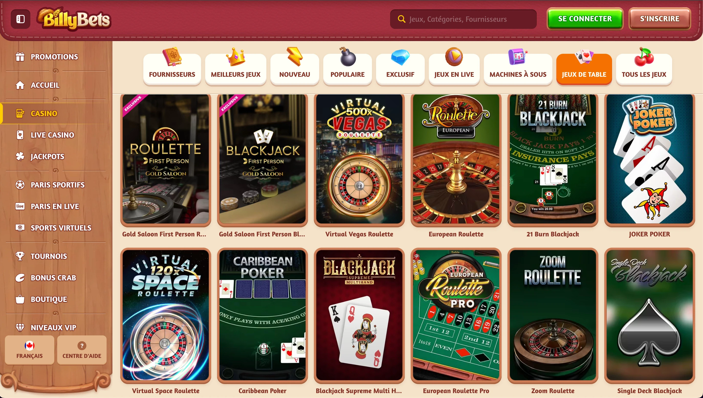 jeux de table billy bets
