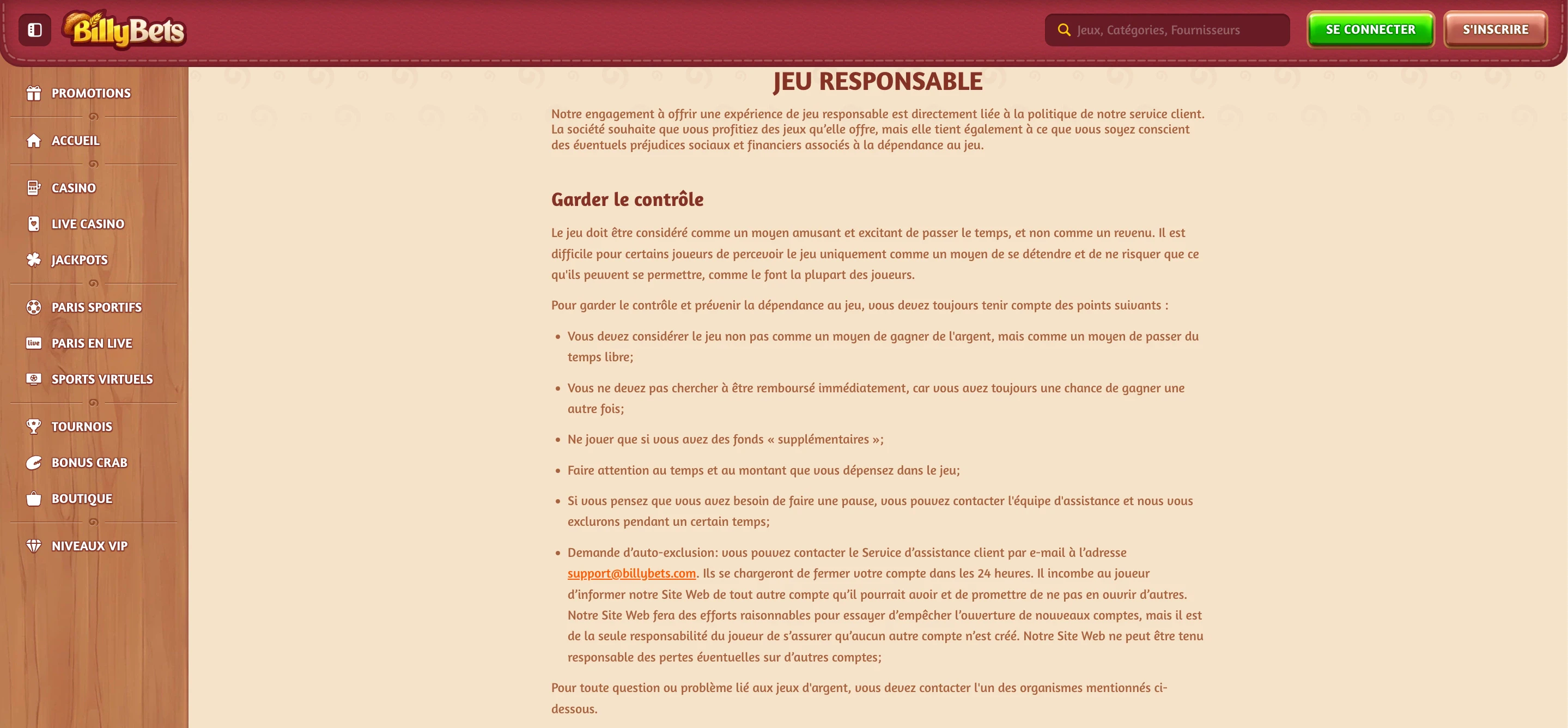 jeu responsable billy bets