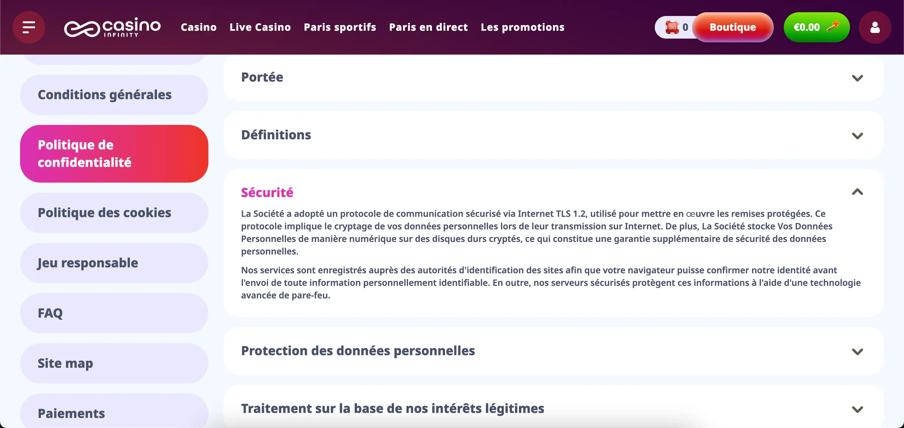 sécurité casinoinfinity