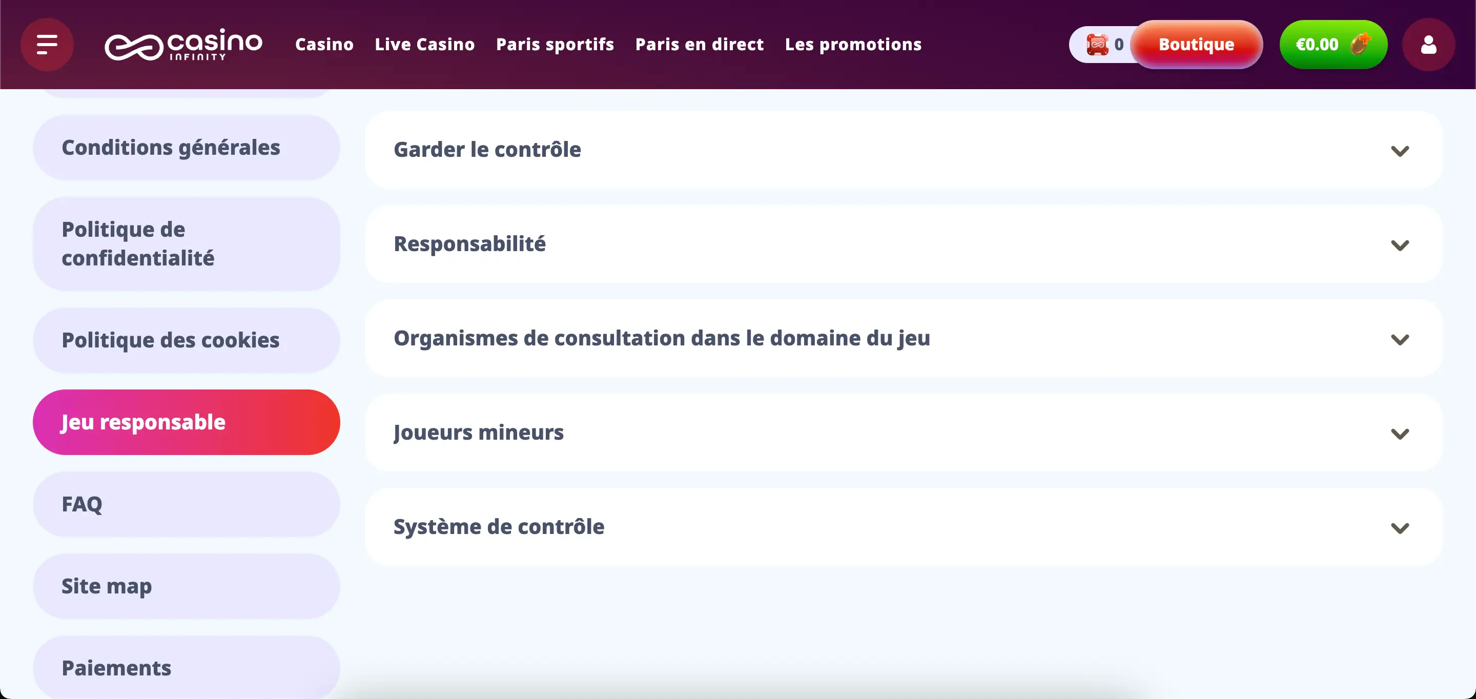 jeu responsable casinoinfinity