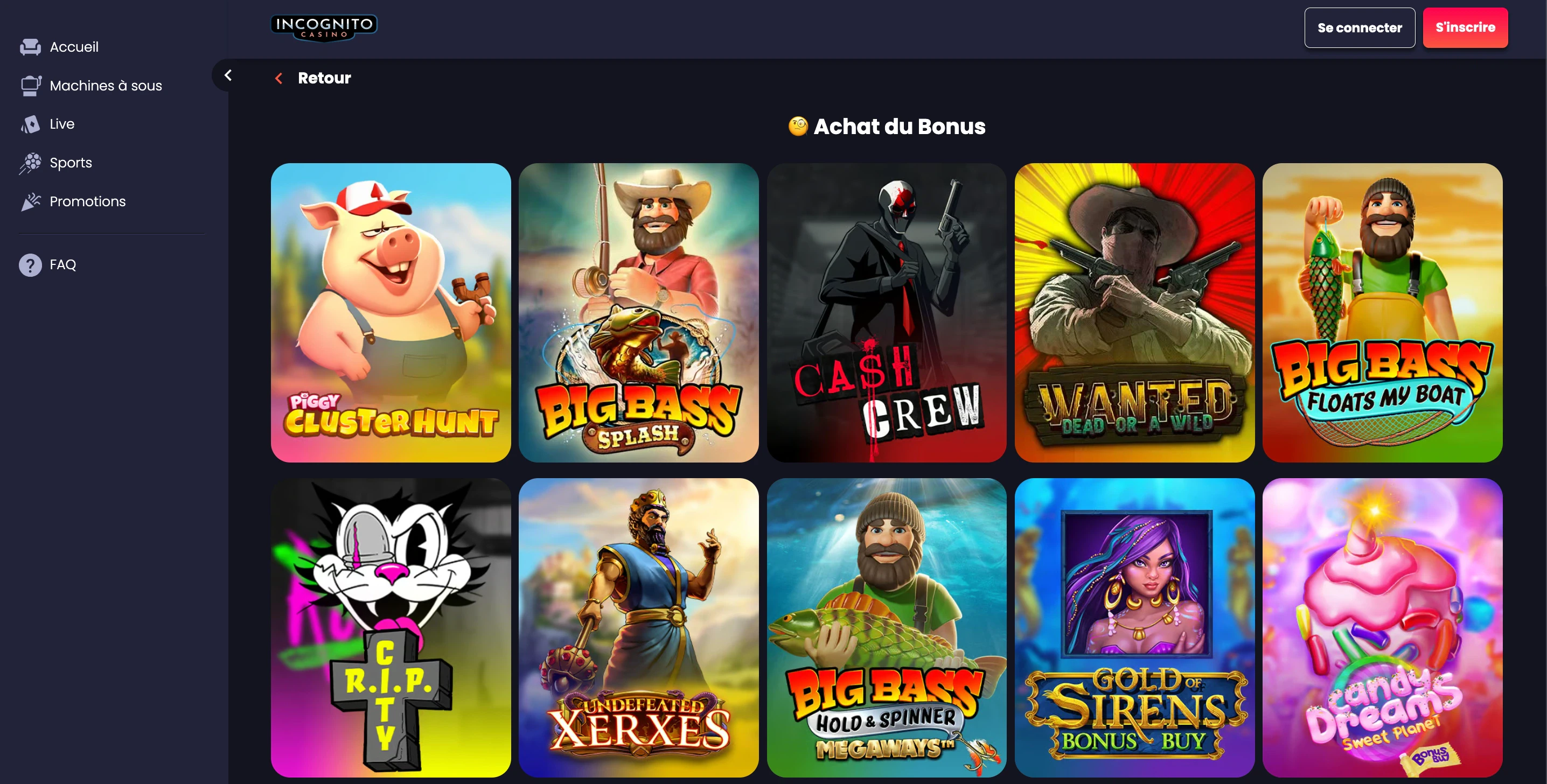 achat de bonus incognito casino
